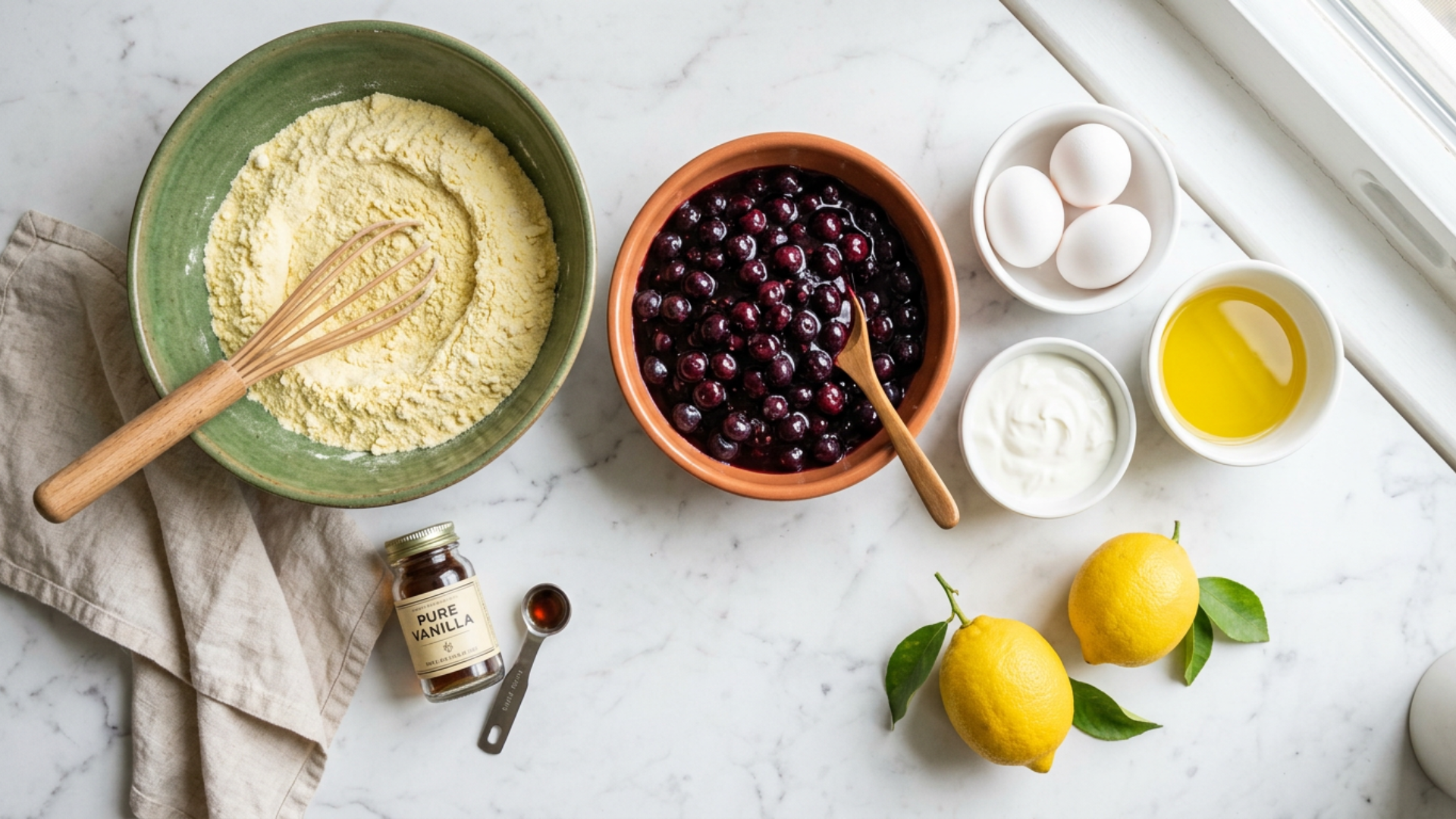 Overhead flat lay of ingredients for a lemon blueberry pound cake with cake batter, eggs, blueberry pie filling, and other ingredients in individual bowls on a marble countertop.