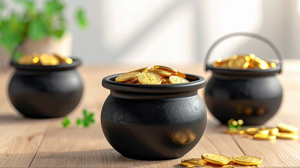 POts of gold coins set up for  St. Patrick's Day Pot of Gold Search Activity