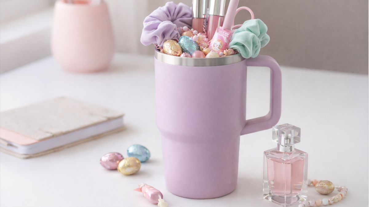 A lavender insulated tumbler with a handle used as an Easter basket alternative for teens, filled with a silk scrunchie, lip gloss, and candies on a white desk next to a journal.