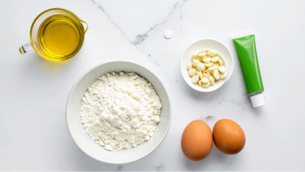 Flat lay of ingredients for St. Patrick’s Day cake mix cookies including white cake mix, eggs, oil, white chocolate chips, and green food coloring
