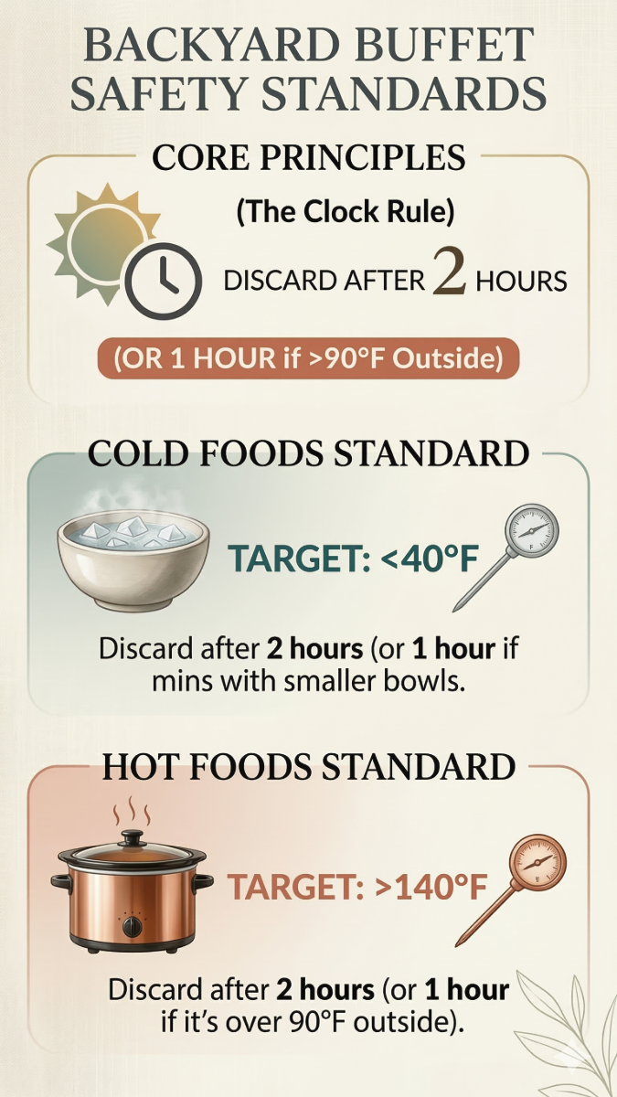 A vertical food safety infographic for summer hosting, featuring the two-hour clock rule, cold food standards for salads at 40°F, and hot food standards for grilled meats at 140°F.