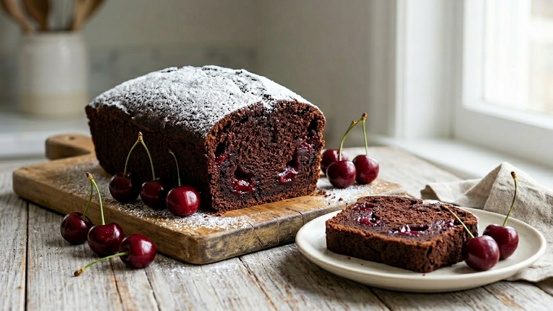 Magazine-style image of a black forst and cherry pound cake topped with powdered sugar in a bright, airy kitchen. Individual cherries are scattered on the natural wood tabletop to accent the scene.