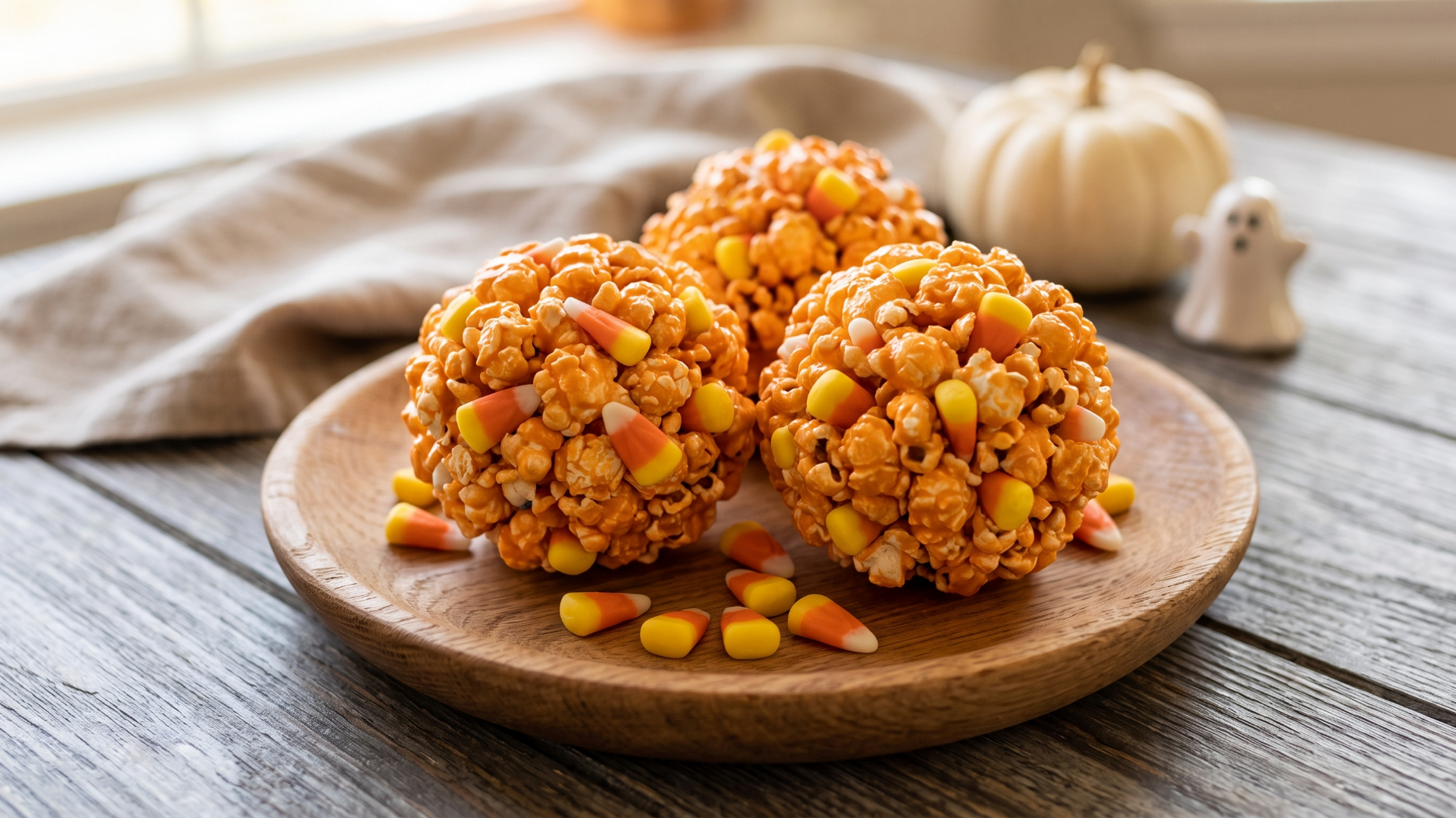 Halloween popcorn balls made with candy corn for a kids' Halloween party.