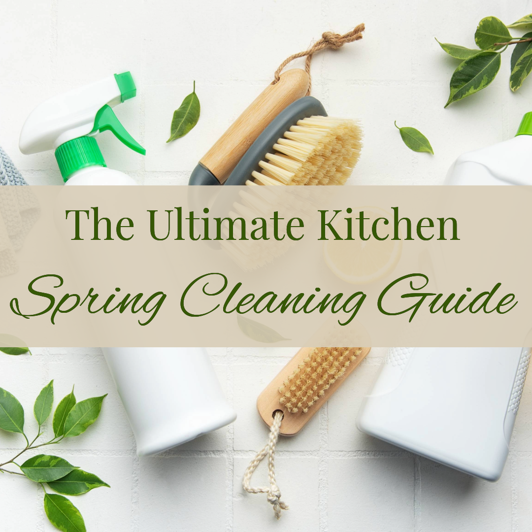 Flat lay of kitchen cleaning supplies for a Spring deep clean