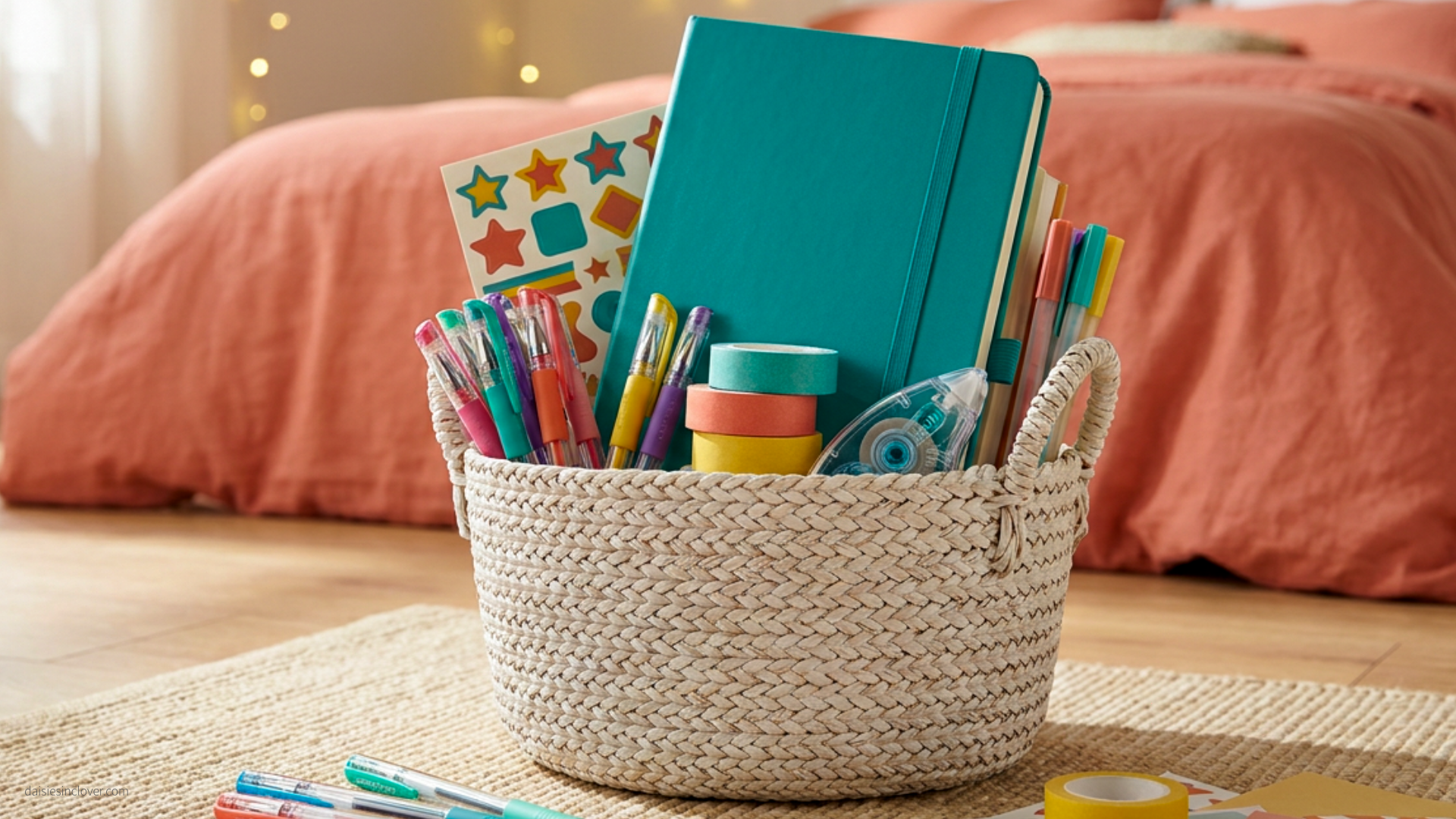 Junk journal gift basket for tweens with a teal journal, gel pens, washi tape, stickers, and a glue tape dispenser in a woven basket on a bedroom floor
