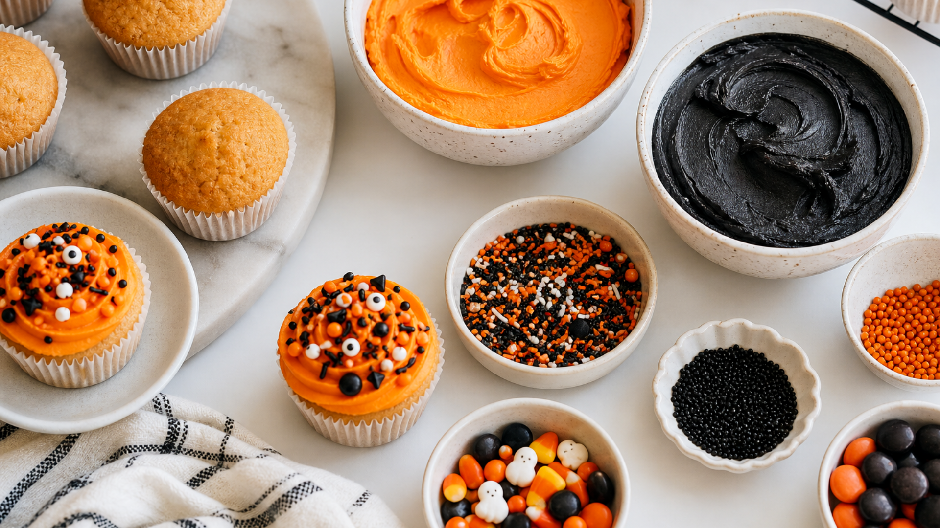 A Galloween party cupcake decorating station with bowls of frosting and sprinkles set up for a teen party