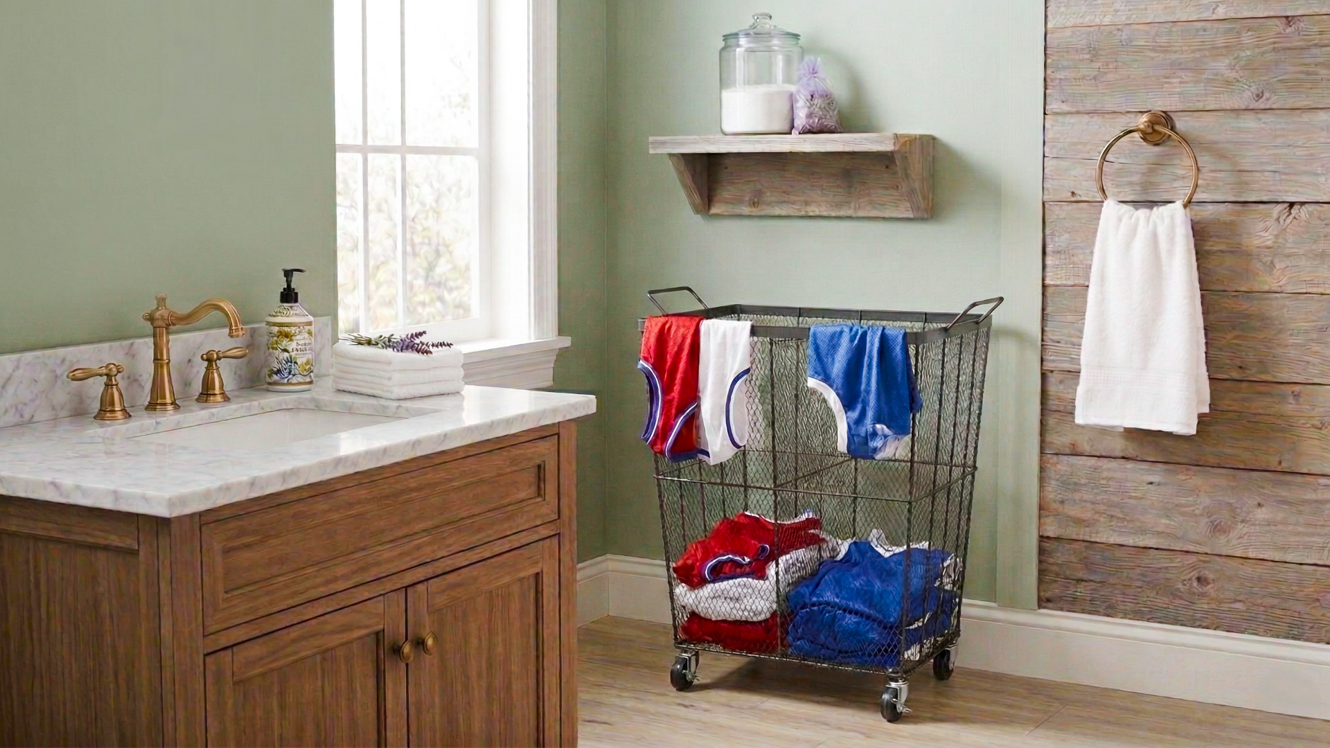 A modern farmhouse bathroom featuring a light oak vanity and marble countertop. There is a black mesh laundry cart holding red, white, and blue sports uniforms so they're ready for laundry day.