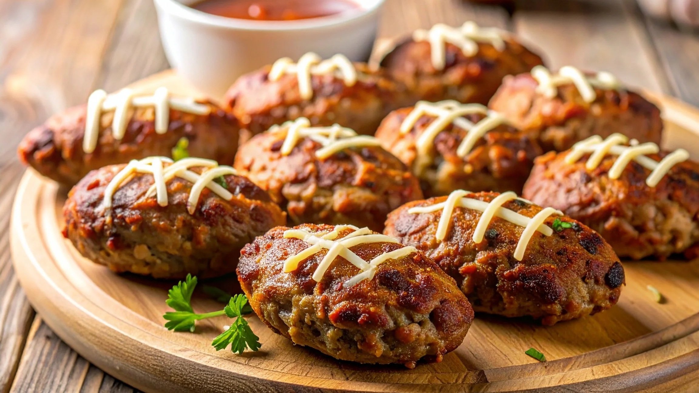 Football-shaped meatballs topped with cheese to create the look of laces, arranged neatly on a round wooden tray next to a ramekin of dipping sauce. The meatballs are prepped and ready for a Super Bowl watch party.