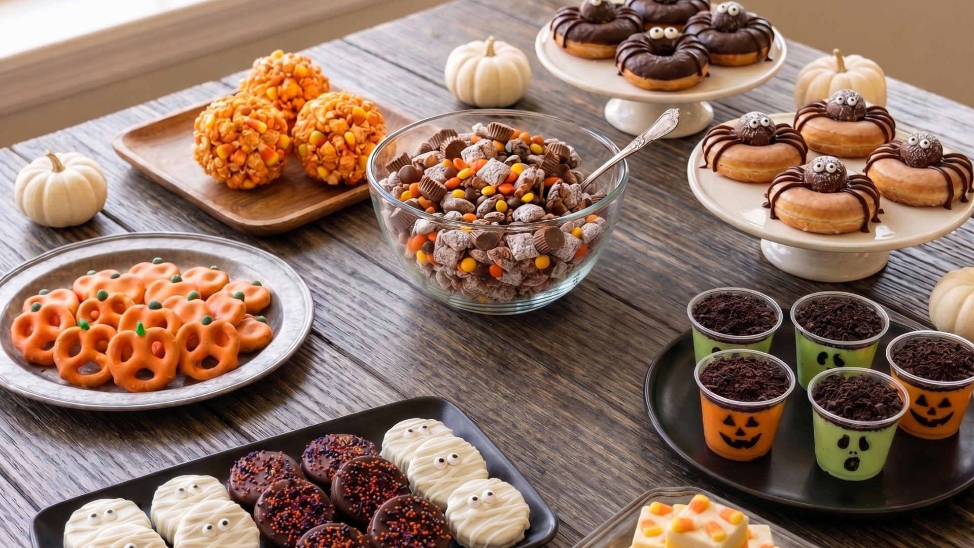 An assortment of different Halloween treats set out for a kids' Halloween party, including no-bake popcorn balls, puppy chow, donuts, and dipped pretzels.
