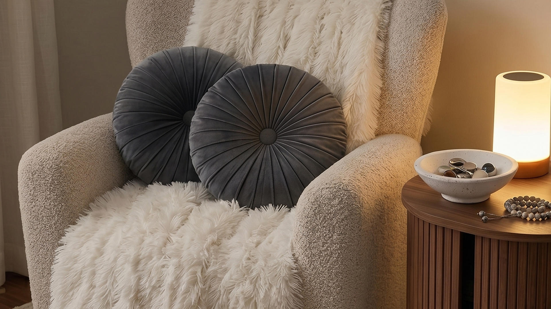 Plush armchair, faux fur weighted blanket,, and soft velvety pillows sit next to an end table. On the table, there are elegant fidget toys and a glowing nightlight. These elements come together to create an adult calming corner for sensory overload.