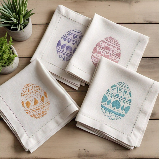 Folded linen napkins decorated with Easter stencils and paint are a perfect Easter craft for kids.