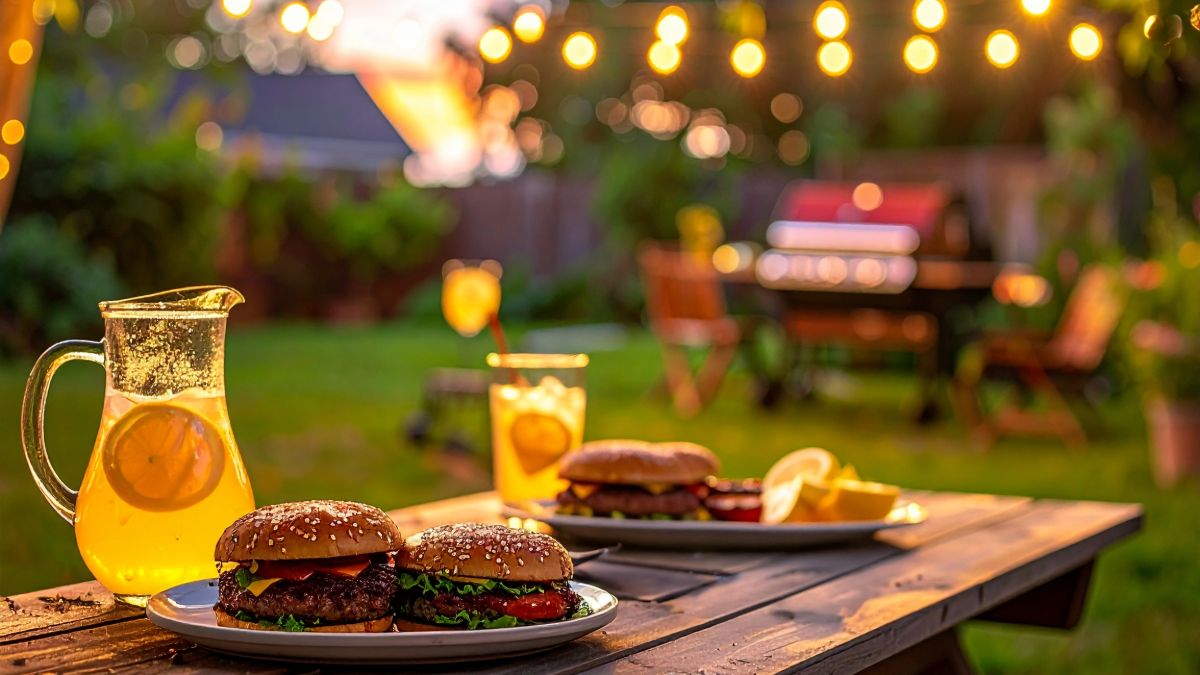 Hamburgers and lemonade set on a table for a backyard camping meal