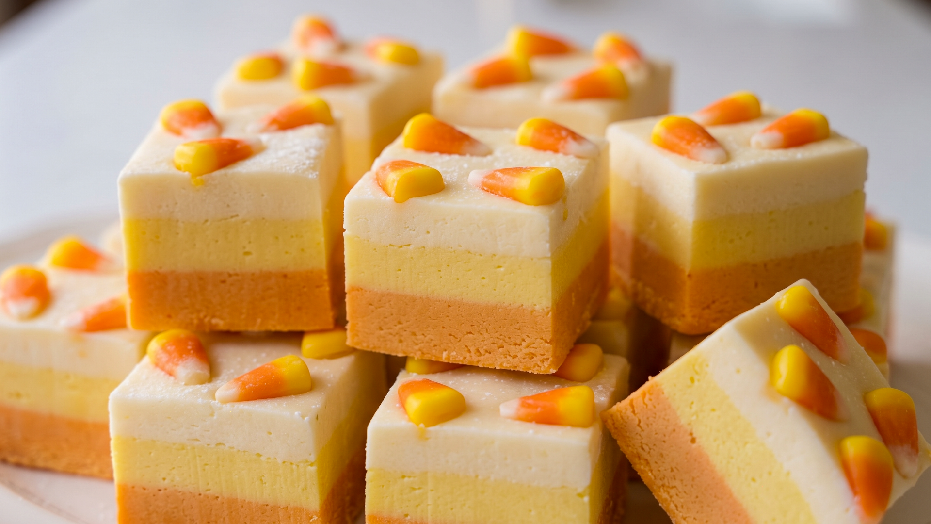 No-bake candy corn fudge sliced into squares and ready to serve for a Halloween party dessert.