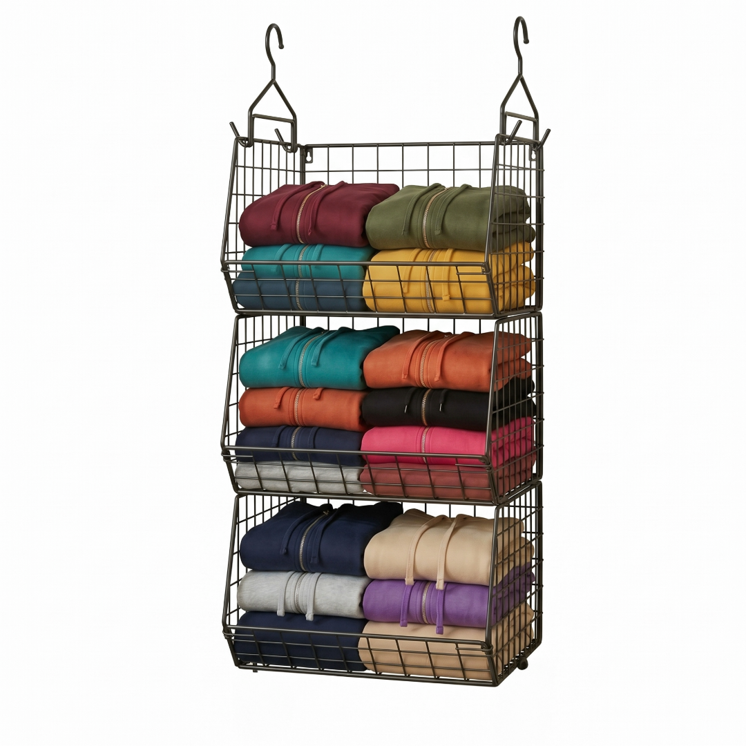 Three-tier hoodie storage system for a teen's bedroom filled with neatly folded hooded sweatshirts.