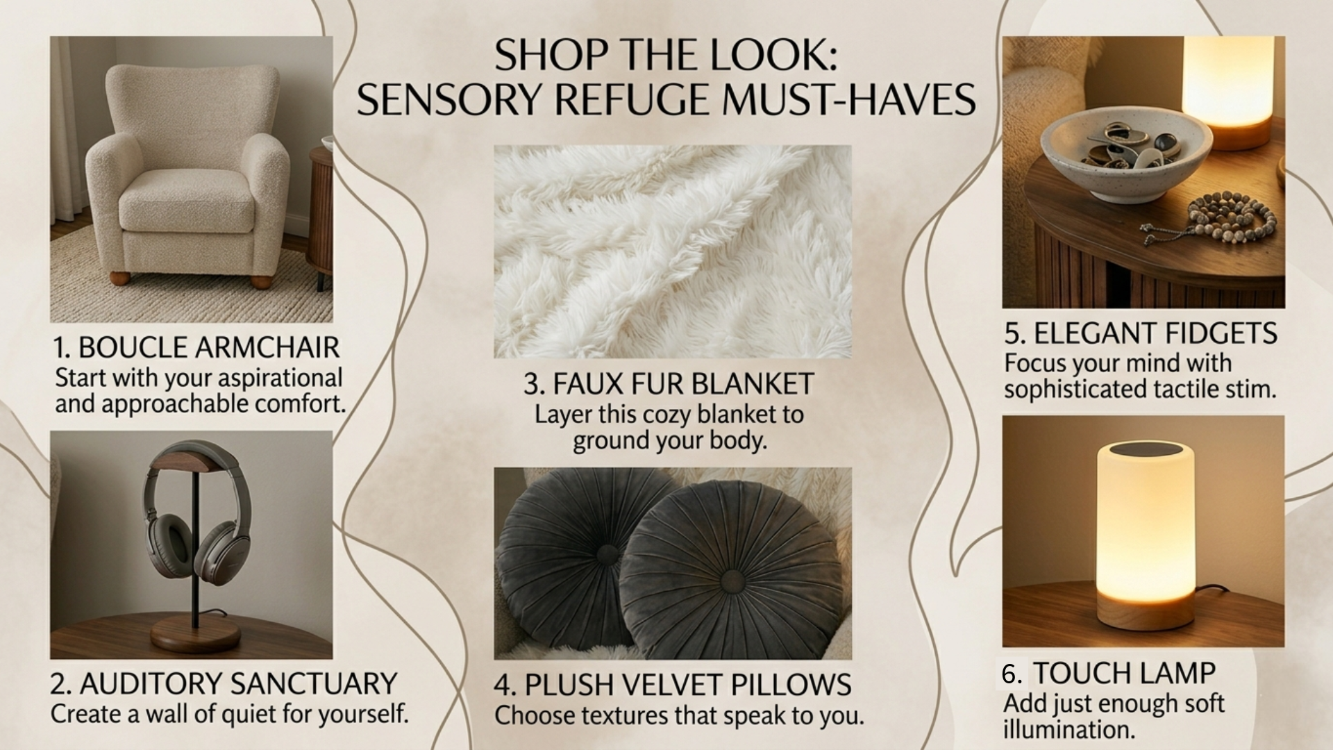 A curated landscape collage titled Shop the Look: Sensory Refuge Must-Haves, featuring a boucle armchair, faux fur blanket, elegant fidget bowl, and noise-canceling headphone station.