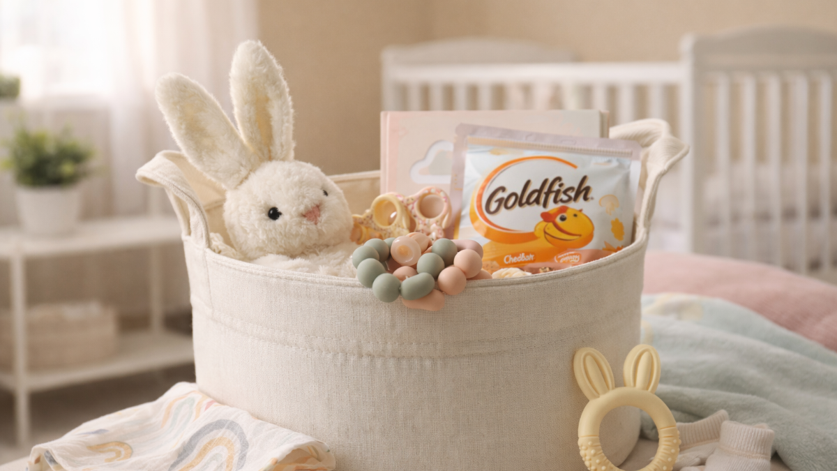 A cream-colored soft rope storage bin used as a baby's first Easter basket, filled with a plush bunny, a board book, silicone teethers, and a small snack, styled in a nursery setting.  3. The Caption
