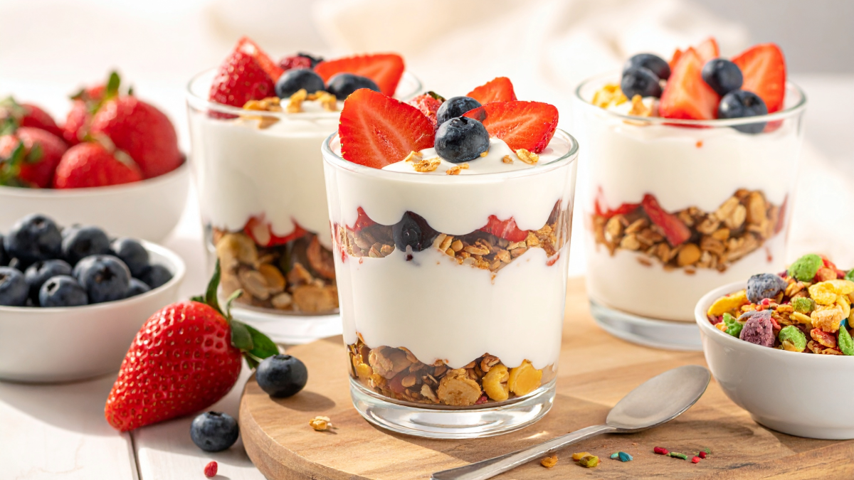 Yogurt parfaits with granola, cereal, and fruit set up for a fun family breakfast activity