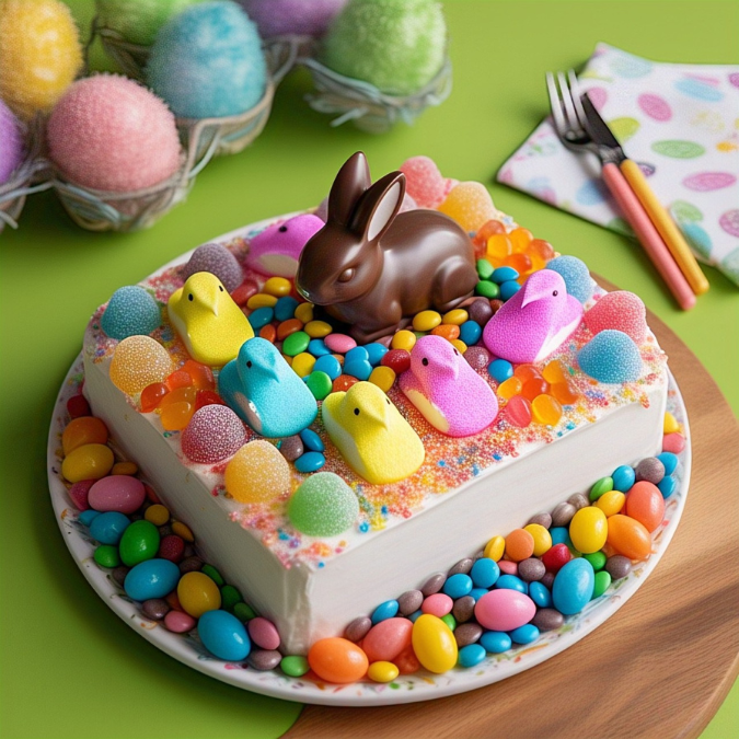 Decorating a white sheet cake with Easter treats doubles as a fun family activity for Easter.