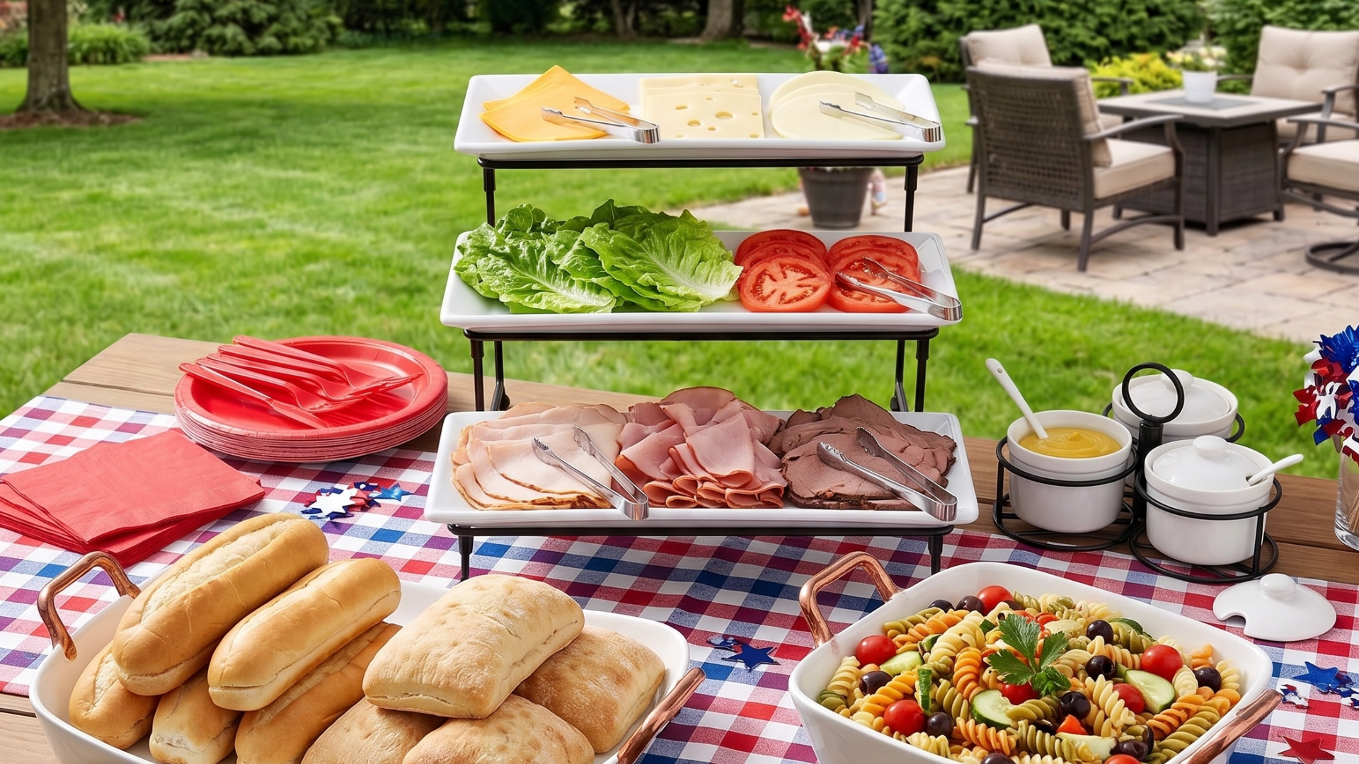 A DIY sandwich bar set up on a picnic table with condiments, meats, cheeses, breads, and pasta salad, all ready to serve.