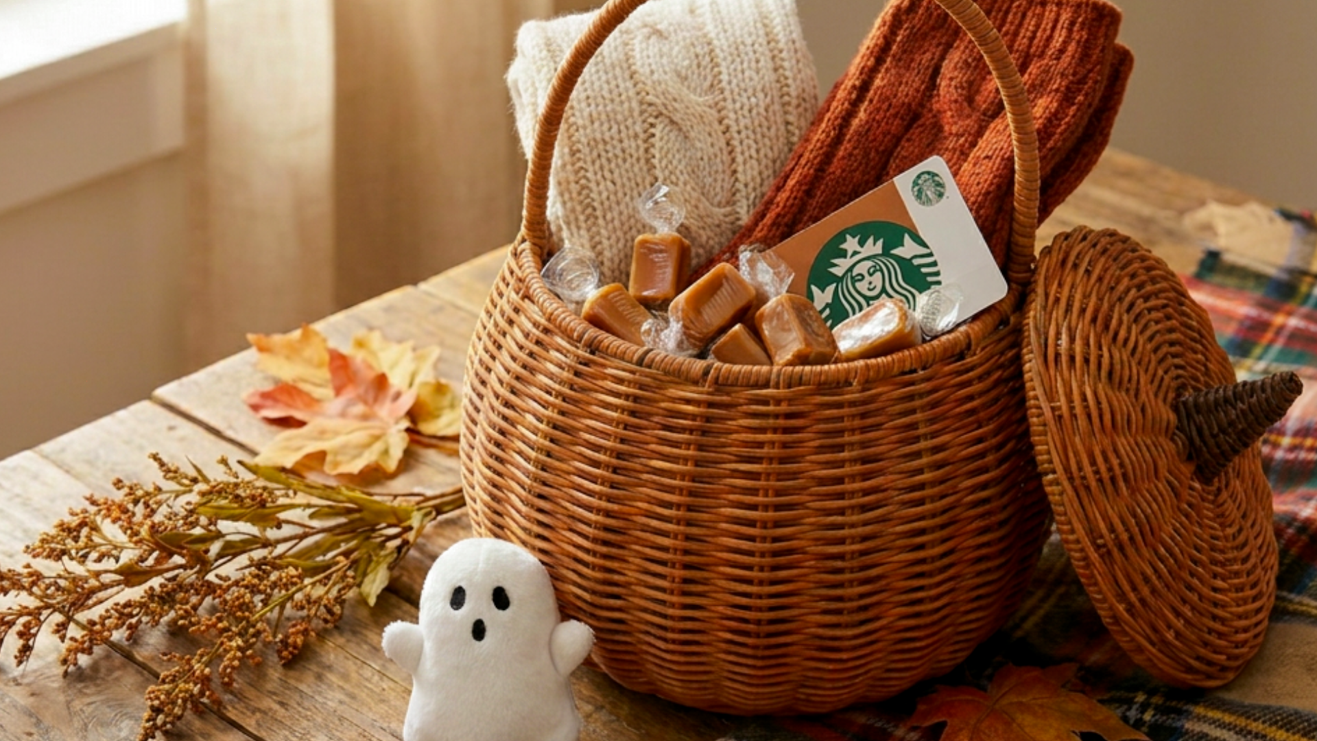 A pumpkin-shaped boo basket filed with cozy socks, candies, and other treats for Galloween