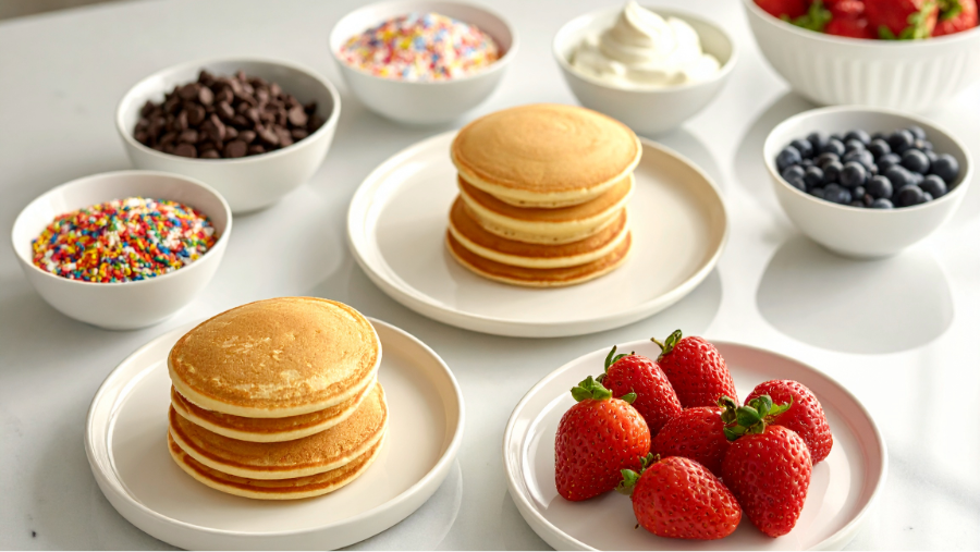 Pancakes, strawberries, sprinkles, and other toppings set up for a breakfast-themed birthday party