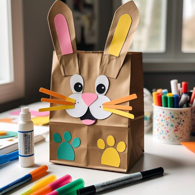 Fun Easter craft featuring a bag decorated to look like an Easter bunny surround by Easter craft supplies