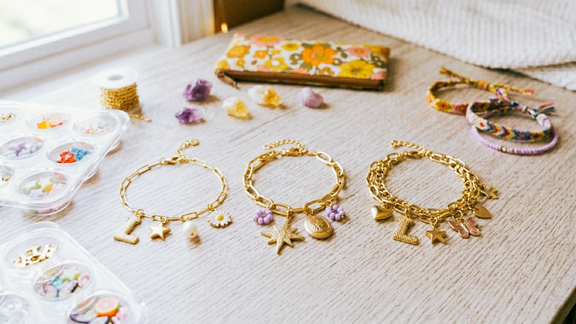 Homemade charm bracelets featuring gold-tone charms. Clear muffin tins with beads and jewelry making accessories sits next to the bracelets on the table. The setup is everything needed for a tween charm bar party.