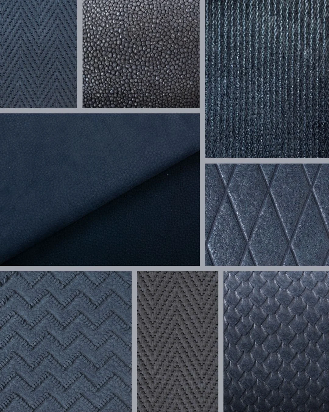 Moody blues and inky blue-blacks, brought to life in Jagger Nubuck.
A tactile mix of smooth surfaces, knife designs and embosses &mdash; including Herringbone, Ray of Love, Smooth Diamond, Mermaid, Wavelength, and Gatsby &mdash; designed for upholste