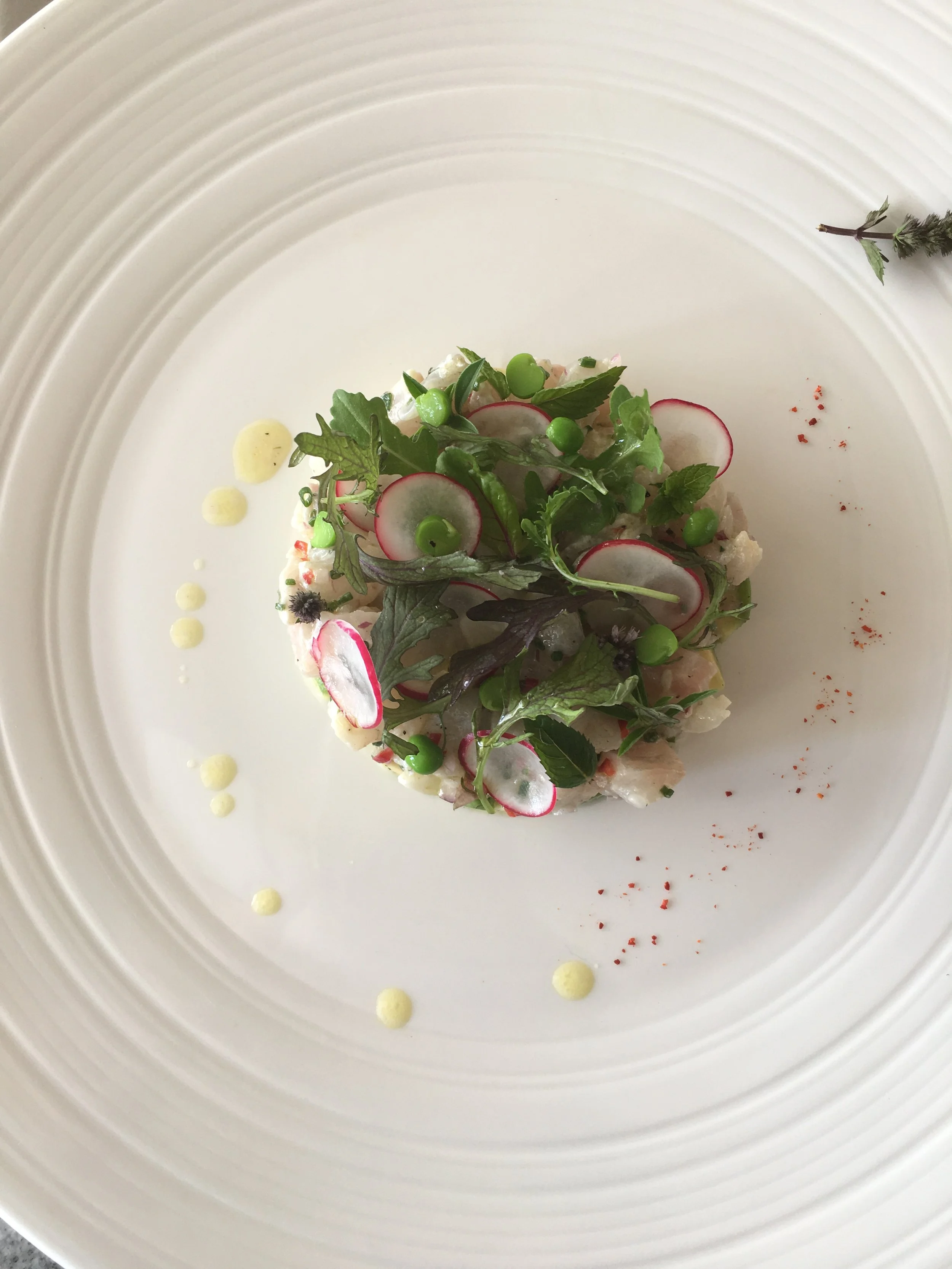 Seabream tartare, freshly podded peas, Espelette pepper.JPG