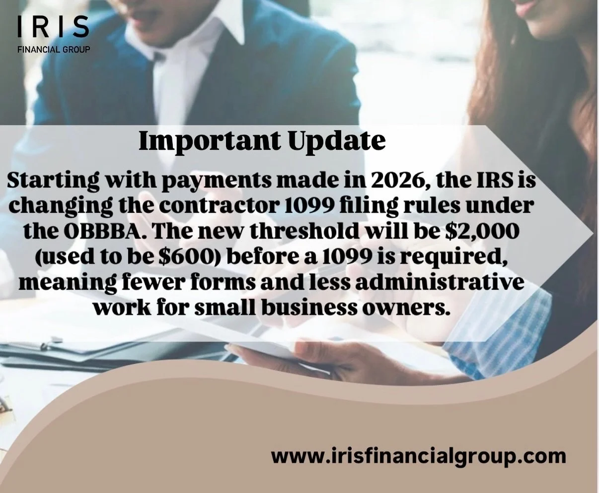 💥Important Update!!💥 

Starting with payments made in 2026, the IRS is changing the contractor 1099 filing rules under the OBBBA. The new threshold will be $2,000 (used to be $600) before a 1099 is required, meaning fewer forms and less administrat