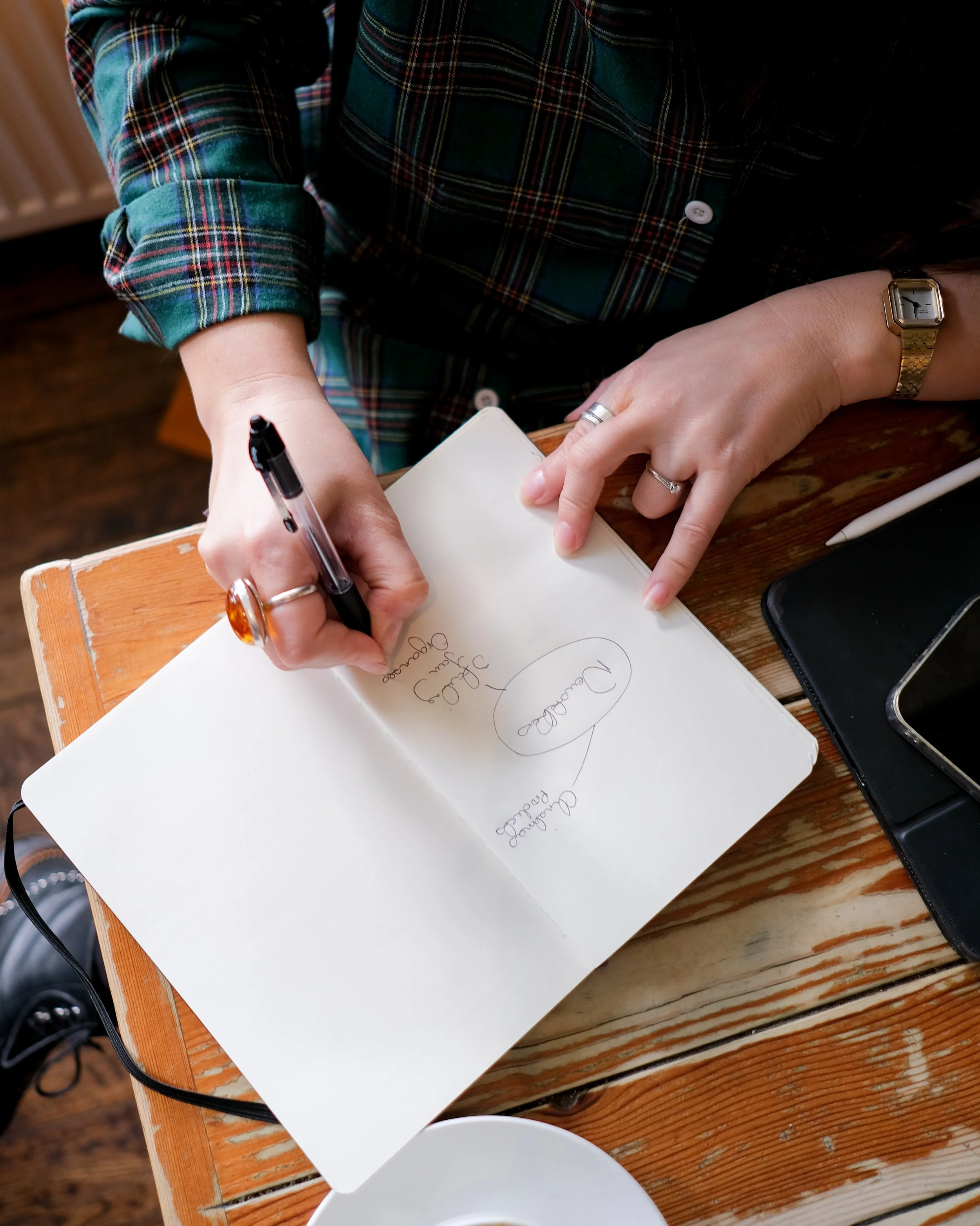 A person writing in a notebook with a black pen, positioned on a wooden table. The individual is wearing a green plaid shirt and several rings and a gold watch. Nearby on the table are a mobile phone and a black wallet or case.