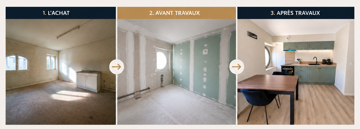 Transformation d'une pièce, montrant l'état initial, avant travaux, et après rénovation, avec un intérieur modernisé et rénové.