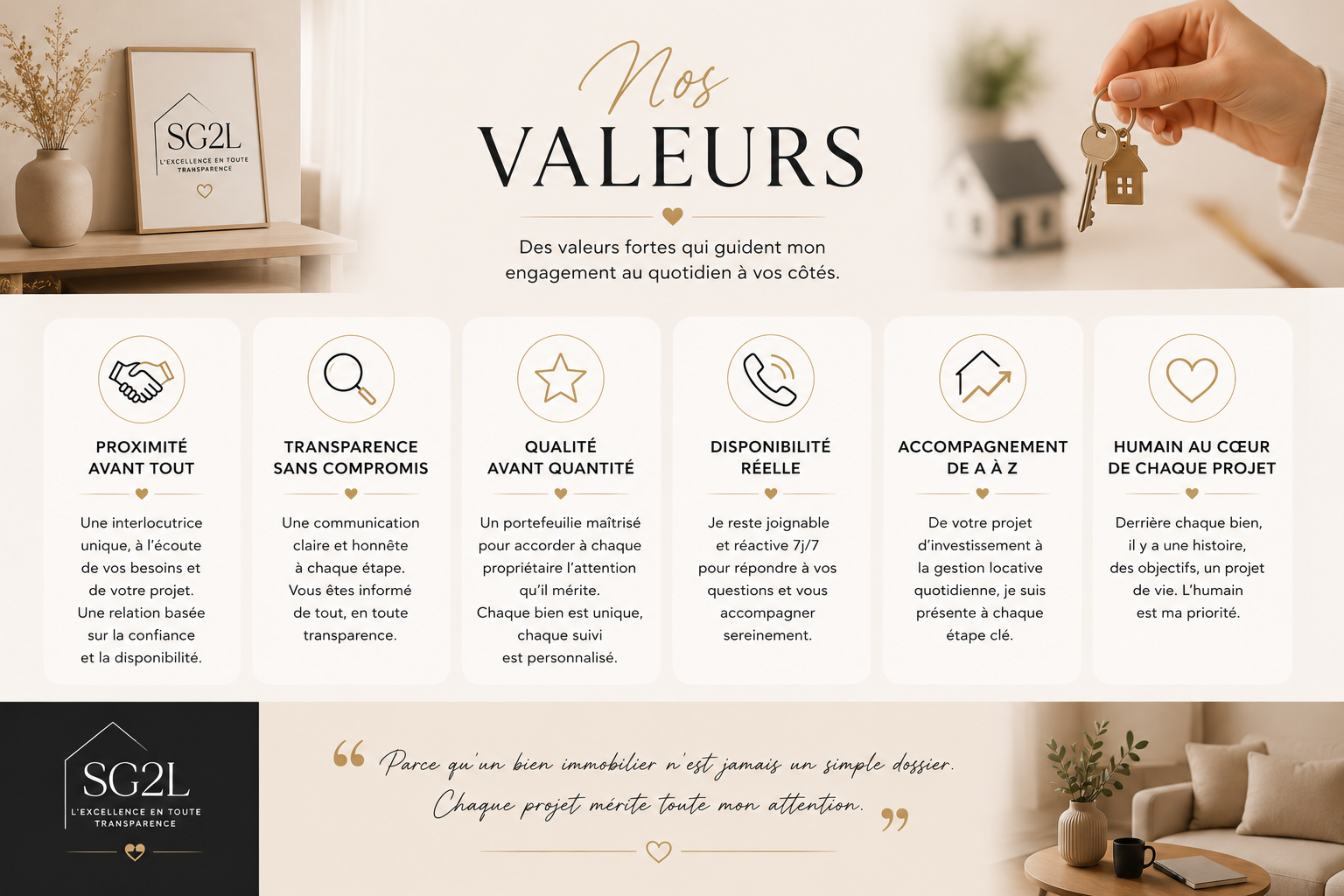 Page d'introduction sur les valeurs fondamentales de SG2L, comprenant des icônes et des descriptions pour proximité, transparence, qualité, disponibilité, accompagnement et humanité, avec une citation inspirante et une décoration intérieure chaleureuse.