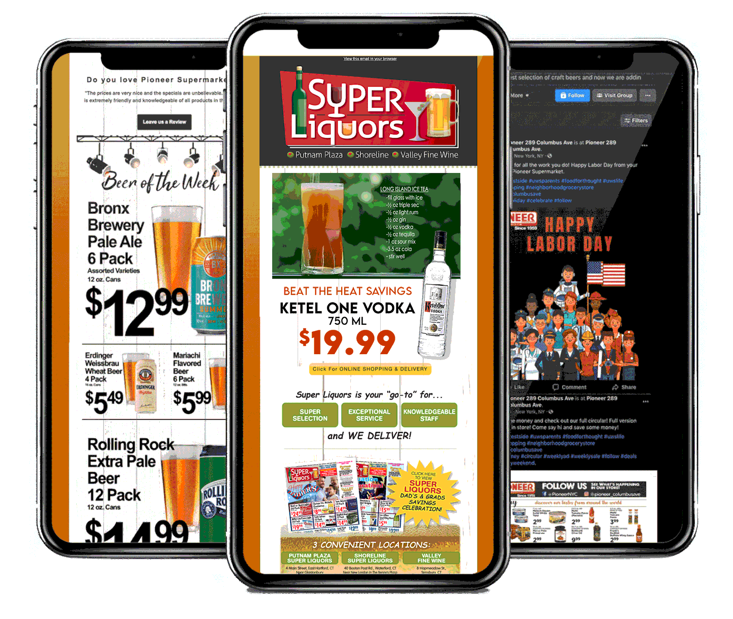 Three smartphones displaying promotional flyers for alcoholic beverages and retail deals, with the center phone highlighting a vodka promotion for Ketel One vodka and a Long Island iced tea recipe.