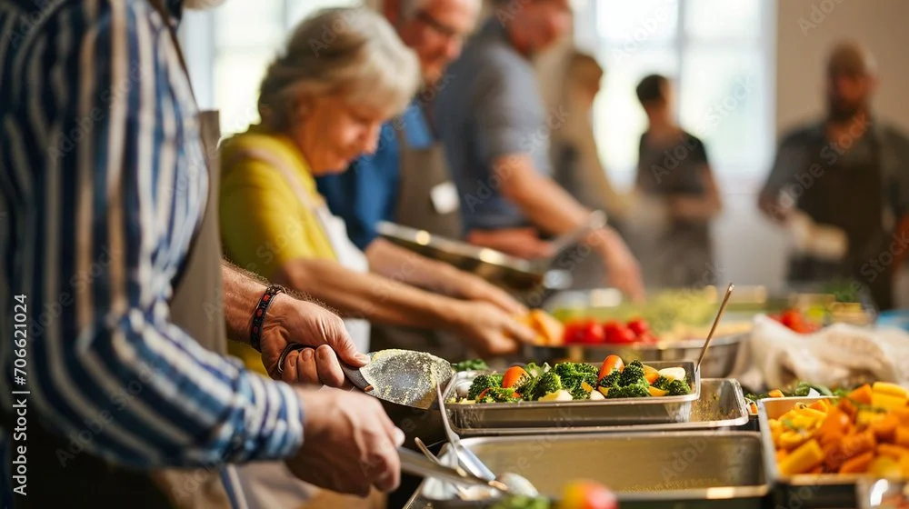 People serving and preparing food at a buffet or potluck event.