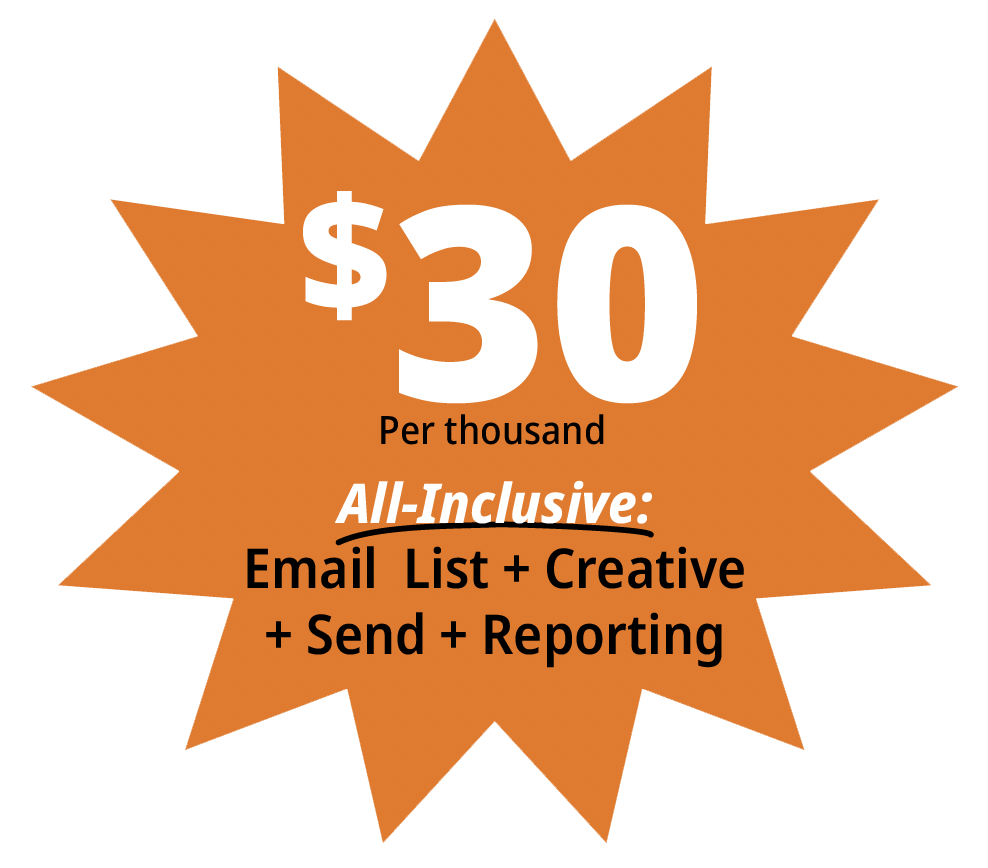 An orange starburst graphic with black text advertising a service for $30 per thousand, including email list management, creativity, sending, and reporting.