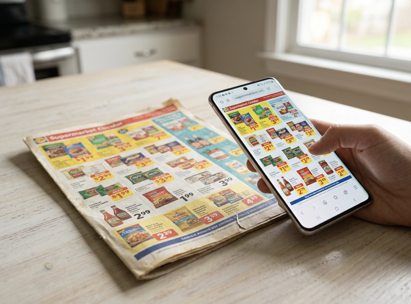 Bad-Adz Digital digital circular on smartphone replacing traditional paper grocery flyer — targeted email marketing for independent grocery retailers