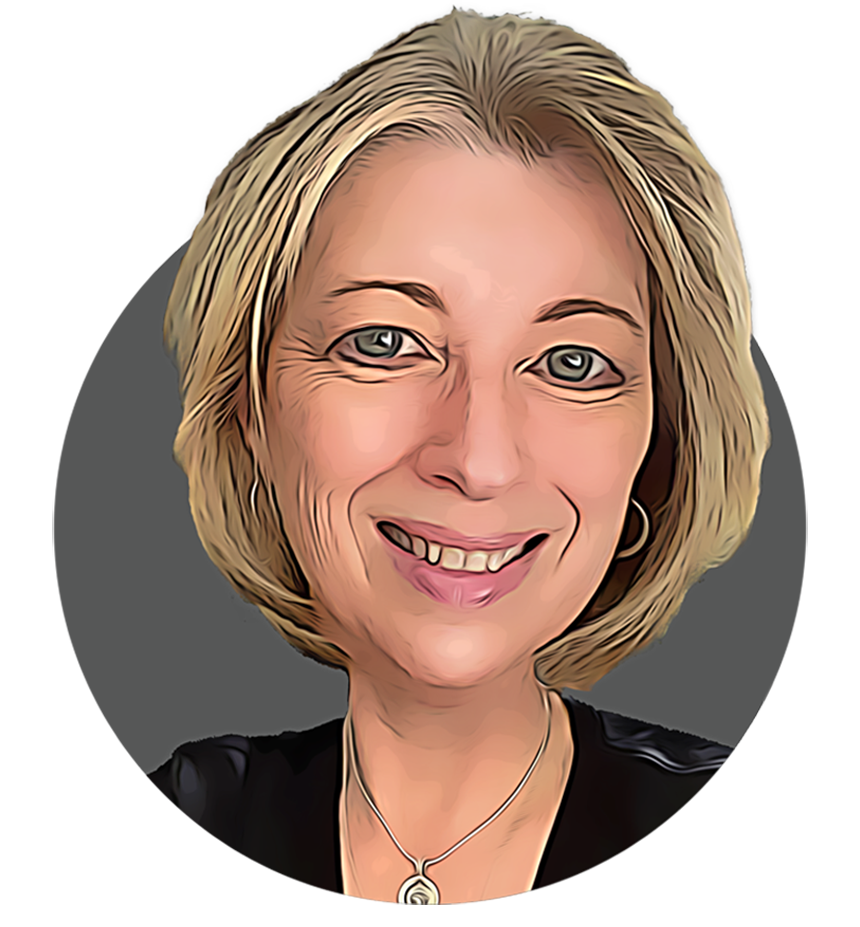 Digital caricature of a smiling woman with blonde hair, blue eyes, wearing a black top, silver necklace, and small hoop earrings.