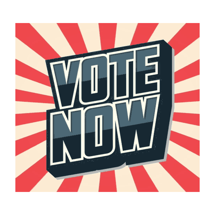 Bold 3D text reading 'VOTE NOW' against a red and beige radial striped background.