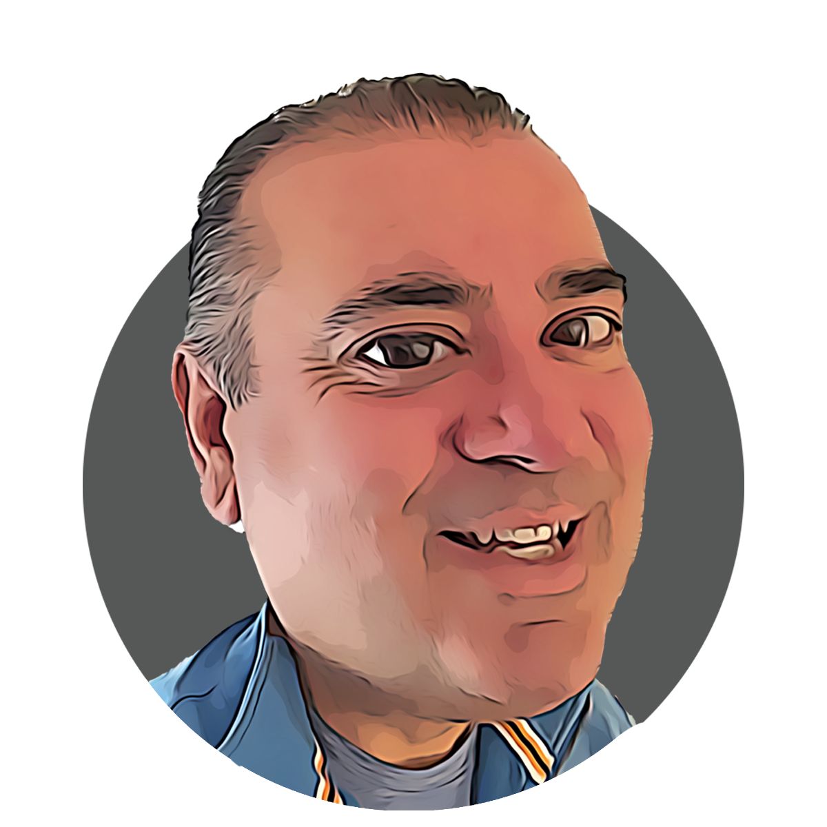 Cartoon-style portrait of a smiling man with short gray hair, wearing a blue shirt with a collar, against a dark background.