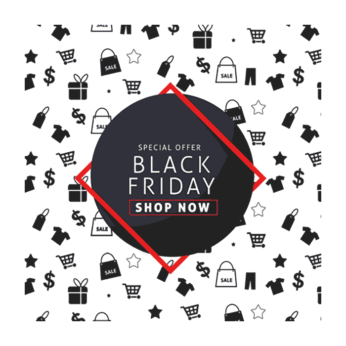 Black Friday sale announcement with sale tags, shopping carts, and gift icons on a white background, featuring a central black circle with text "Special Offer Black Friday Shop Now."