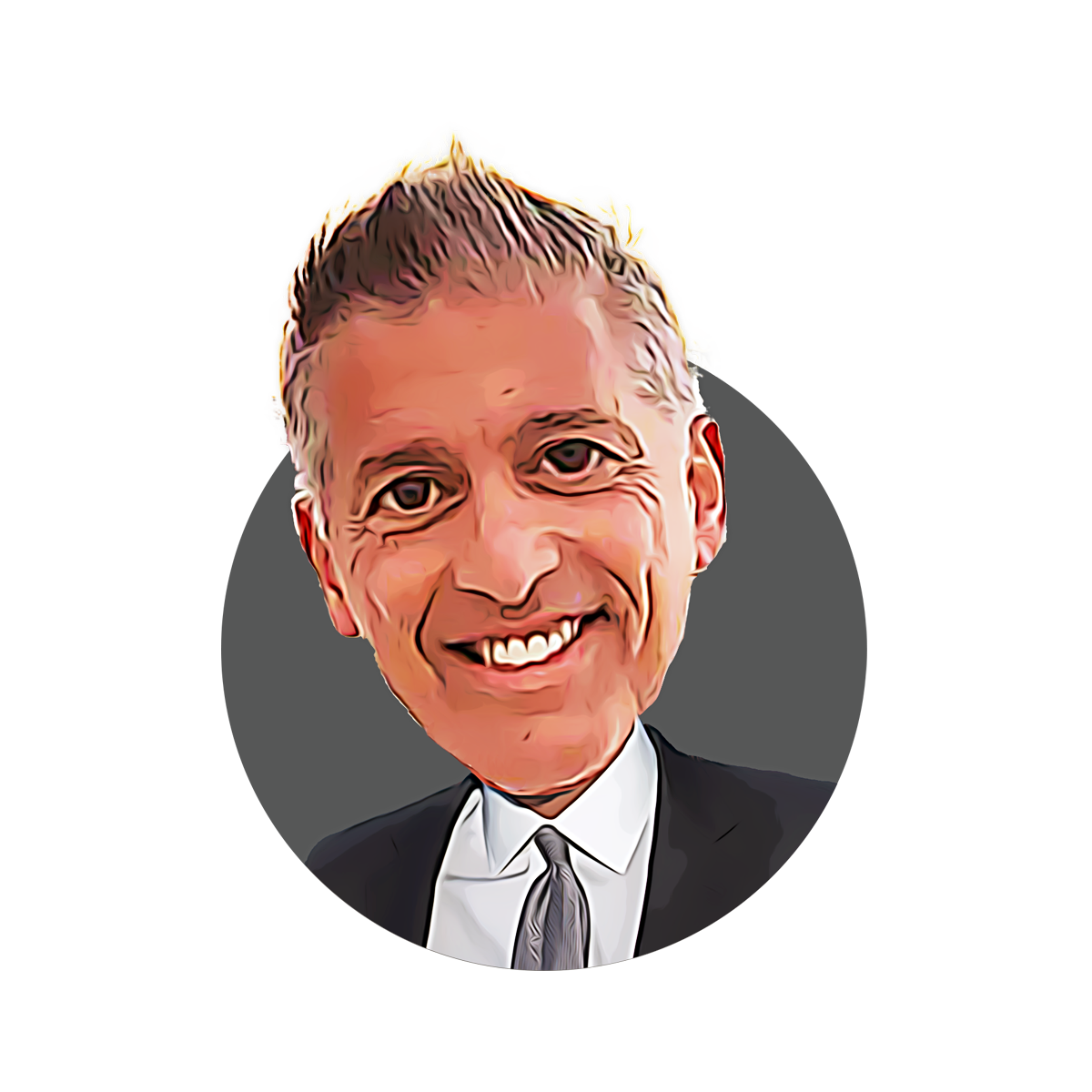 A smiling man wearing a suit and tie, with a digital and slightly cartoonish style.