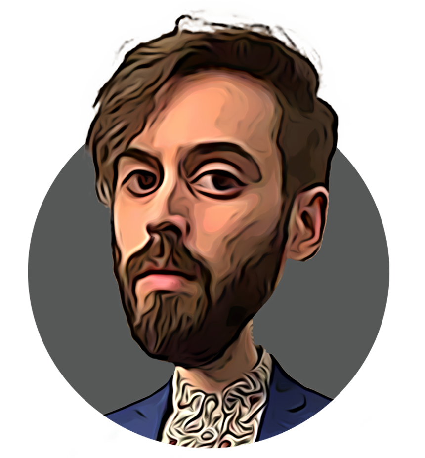 A digitally stylized portrait of a man with brown hair, a beard, and mustache, wearing a dark blue jacket and a patterned shirt under it.