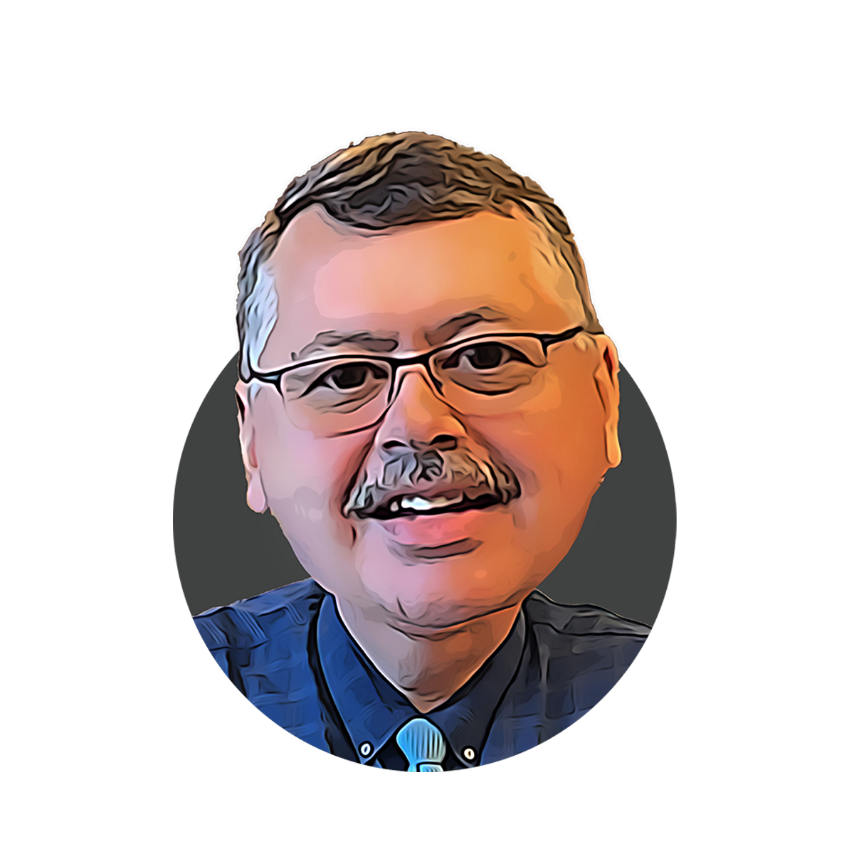 Illustration of a smiling man with glasses, mustache, and short hair, wearing a dark blue shirt with a blue tie, set against a background with shades of gray and black.
