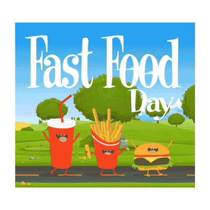 Animated illustration celebrating fast food day with smiling soda cup, fries container, and cheeseburger character, set against a park background with trees and blue sky.