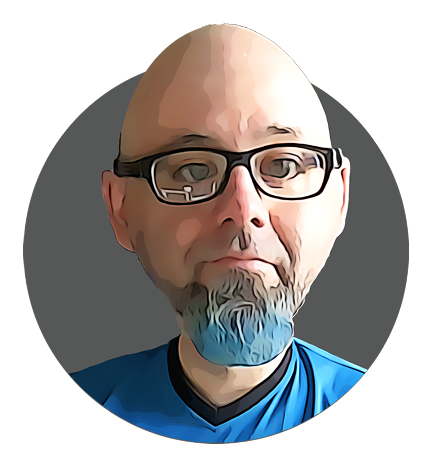 A digitally edited portrait of a man with glasses, a beard, and a unique hairless head, wearing a blue shirt, set against a background with geometric shapes in black, gray, and purple.