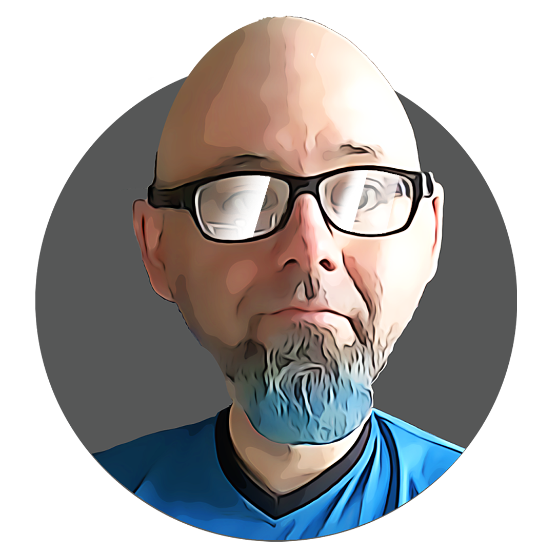 A digitally edited portrait of a man with glasses, a beard, and a unique hairless head, wearing a blue shirt, set against a background with geometric shapes in black, gray, and purple.