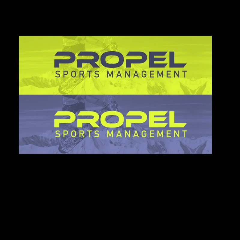 A graphic with the word 'PROPEL' in bold letters, followed by 'SPORTS MANAGEMENT' beneath it, repeated twice with different background colors—yellow-green and blue.