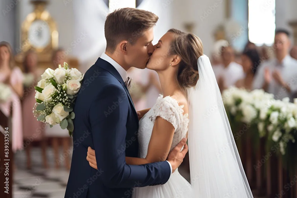 A newlywed couple sharing a kiss during their wedding ceremony in a church, with guests in the background.