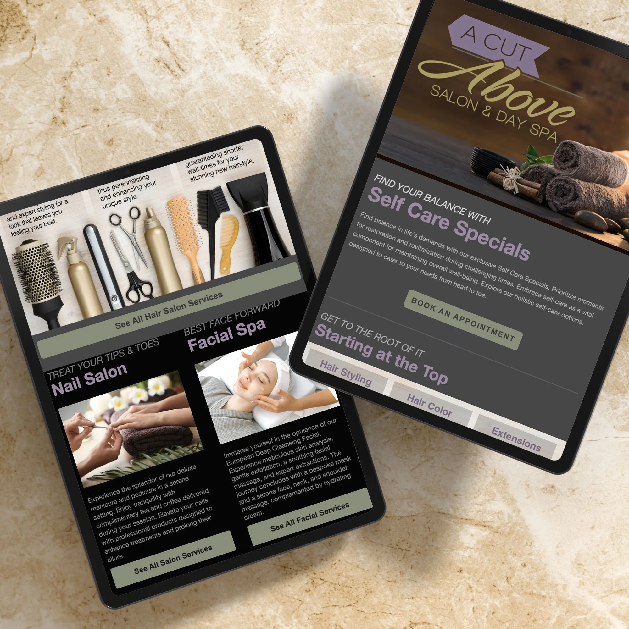 Digital tablets displaying a salon's services and specials, placed on a light beige surface.